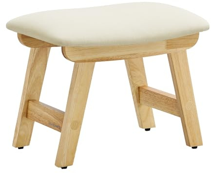 SONGMICS Footstool, Small Foot Stool Ottoman with Rubber Wood Legs, Washable Cover, Curved Padded Footrest for Living Room, 39.1 x 24.9 x 30 cm, Light Khaki, LSF052LF03