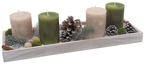 ZauberDeko Adventsgesteck Weihnachten Deko Tablett Holz Grau Kerzen Taupe Grün Streudeko 40cm
