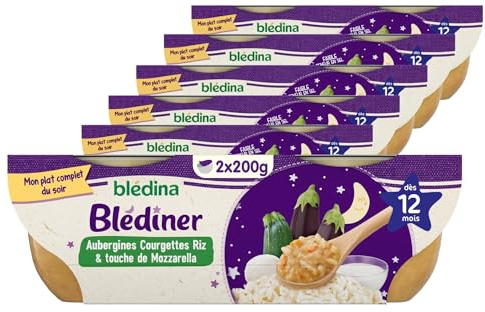 Blédina - Blediner - 12 bols - Mouliné d'Aubergines, Courgettes, Riz et Mozzarella - Pour le Diner de bébé dès 12 Mois - Pack de 6x2 bols