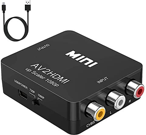 BD&M Convertitore da AV a HDMI, da RCA a HDMI, 1080p mini RCA composito CVBS, adattatore convertitore video audio, supporto PAL/NTSC per lettori DVD TV/PC/PS3/STB/Xbox/VHS/VCR/Blue-Ray - Nero