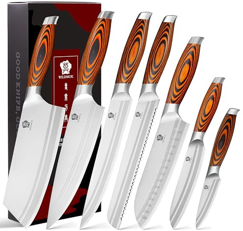 WILDMOK 7-teiliges Küchenmesserset mit Premium-Pakkawood-Griff Deutsches Stahlmesserset Inklusive Hackmesser-Kochmesser Santoku-Messerset