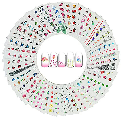 Pegatinas Uñas,50 hojas de arte de uñas mixtas, Etiqueta engomada de la transferencia de agua del arte del clavo calcomanías de manicura para las mujeres favores diy uñas consejos calcomanías