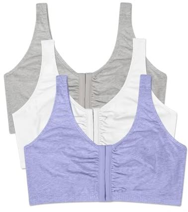 Fruit of the Loom Women's Front Closure Cotton Bra, Blue Gem Heather/White/Grey 3-Pack, 36