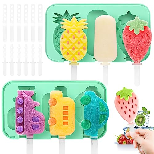 Eisformen Silikon, 2 Stück Eisformen Eis am Stiel,DIY Ideen Eiscreme Formen,Eisförmchen BPA Frei, Popsicle Formen Set mit Sticks und Deckel (Früchte+Fahrzeug)