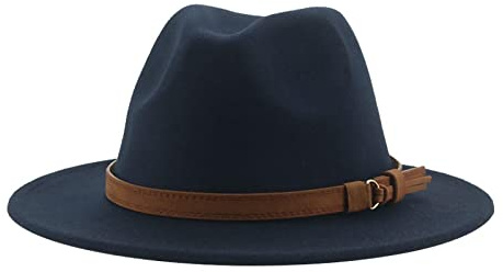 QBQZXAOSOWH Fedora Trilby Fedora-Hüte Für Damen Herren Breite Krempe Solide Damenhüte Bandgürtel Klassische Formelle Kleidung Khaki Schwarze Hüte 59–61 cm (XL) Marineblau
