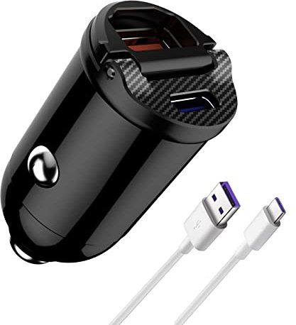 URAQT Cargador de Coche USB, Doble Puerto USB Tipo C Rápido Cargador Movil Coche, 30W Quick Charge 3.0 Cargador Mechero Automóvil con Cable, Compatible con iPhone, Samsung Galaxy, Realme, Xiaomi, Sony