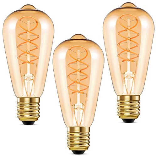HEWA-Tech Spiral Dimmable LED Edison Bulbs ST64, E27 Screw, Non Flicker, 4W Retro Filament LED Vintage Light Bulbs, Soft Warm White 2200K, High CRI90, Amber Glass, 40 Watts Equivalent, 3 Pack