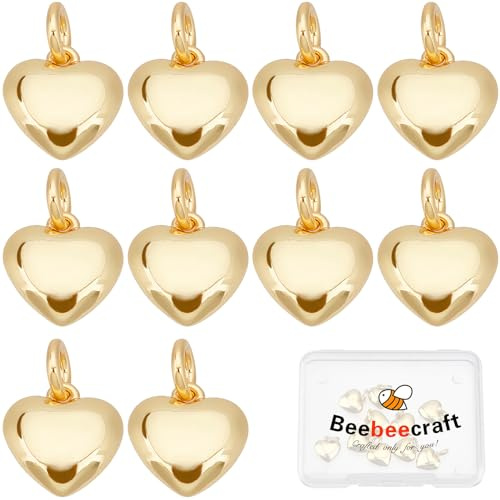 Beebeecraft 10Pcs/Box 18K Gold Plated Heart Charms 3D Heart Tiny 10x10mm Valentine Dangle Pendant Charms with Jump Ring for Christmas Valentine's Gifts Jewelry Making Finding