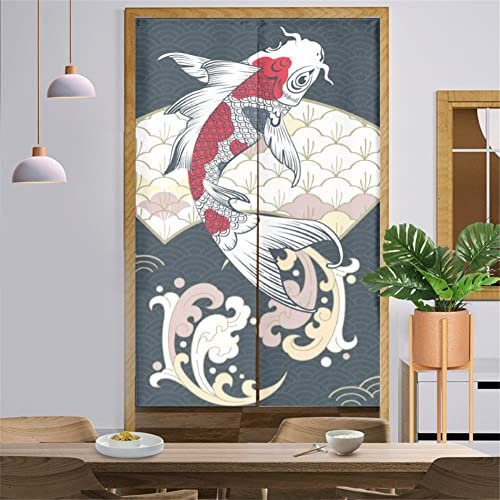 Surwin Japanischer Stil Türvorhang, Japan Noren Raumteiler Tapisseri Leinen Lang Vorhänge Partition Gardinen Tür Vorhang Tapisseri für die Türdekoration (90x200cm,Fleck Karpfen)