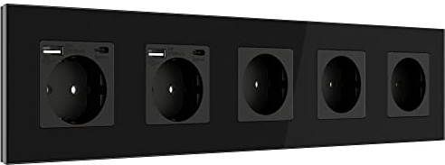 PULSAR USB-C USB-A Steckdose Unterputz Glas Schwarz 5-Fach, Schnellladen | Steckdose USB-C USB-A 5-Fach Glas Schwarz - Schuko Wandsteckdose Unterputz mit 4 USB-Schnittstellen max 20W Schnellladen