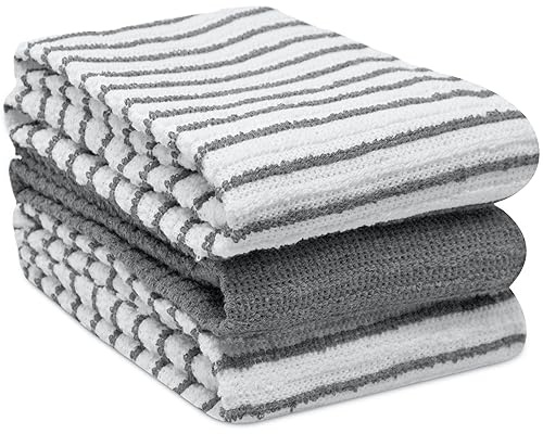 Towelogy Kitchen Tea Towels Set Of 3 Cotton - 40 x 60 cm Super Soft & Quick Drying Dish Cloths - Striped & Solid Designed (Grey/White, 3)