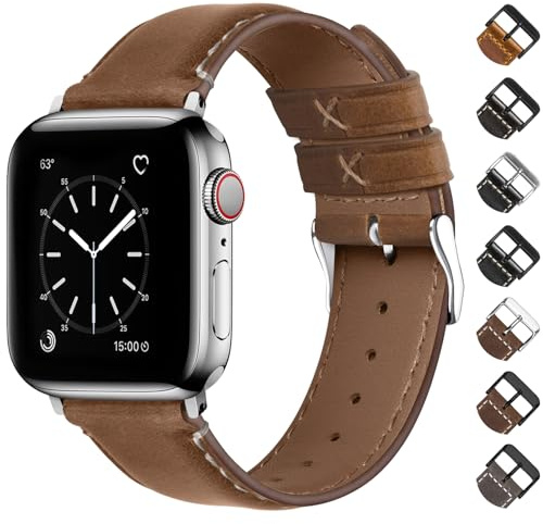 Fullmosa Leather Straps for Apple Watch 42mm(S11/10) 40mm 41mm 38mm | iWatch Strap for SE 3 2 1 Series 11 10 9 8 7 6 5 4 3 2 1 Replacement Band for Women Men, Toffee Brown+Silver Buckle