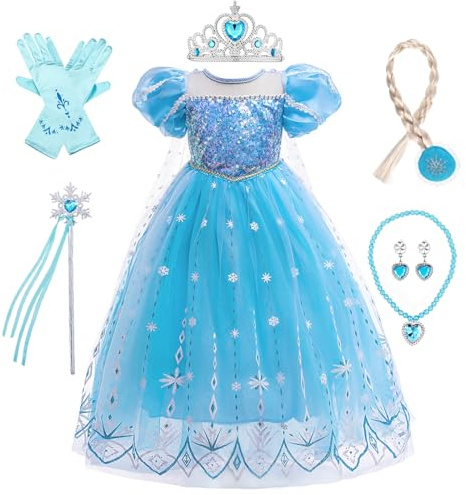 LOBTY Mädchen Elsa Prinzessin Kleid Kinder Schneekönigin Verkleidung mit Accessoires Krone Halskette Handschuhe Prinzessin Kostüme Weihnachten Geburtstag Party Halloween Karneval Cosplay Blau, 110