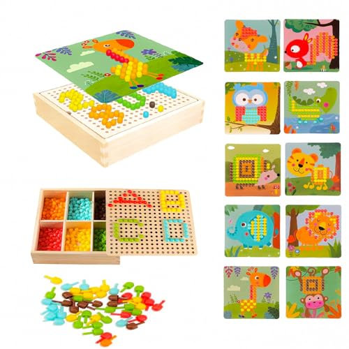 Mosaik Steckspiel für Kinder,Spielzeug ab 2 3 4 5 Jahre Holz Mosaik Kinder Pegboard Lernspielzeug Steckmosaik mit Steckperlen & Karten Montessori Steckspiel Geschenke für Jungen Mädchen