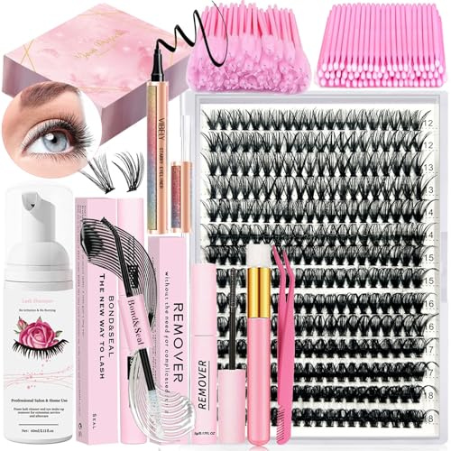 Qiveaory DIY Wimpern Extensions Kit 280Pcs Einzelne Wimpern Cluster 40D 12-18mm mit Kleber und Sealer Kleber Entferner Eyeliner WimpernShampoo Brush Wimpern Pinsel Pinzette Mini Applikator