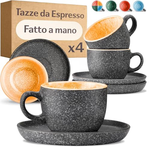 Cosumy Espresso Cups and Saucers Set of 4 - Ceramic Demitasse 90ml Extra Thick - Keeps Coffee Warm Longer - Handmade Reactive Glaze - Microwave and Dishwasher Safe