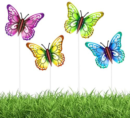 Haohai Lot de 4 piquets décoratifs en métal pour parterres de fleurs, pelouse, décoration de jardin papillon coloré, belle décoration d'intérieur (papillon)