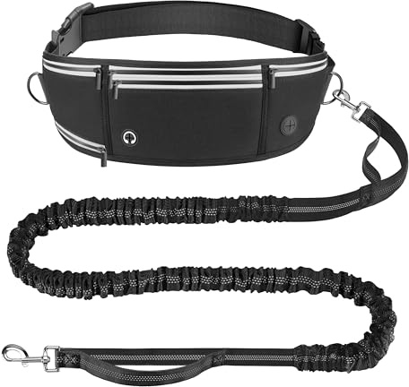 Looxmeer Joggingleine Hunde mit Bauchgurt, Freihändig Hundeleine für Große und Mittelgroße Hunde mit Dual Griffe, Reflektierende Laufleine Bauchgurt Hundeleine zum JoggenLaufen, 1.6-2.2M, Schwarz