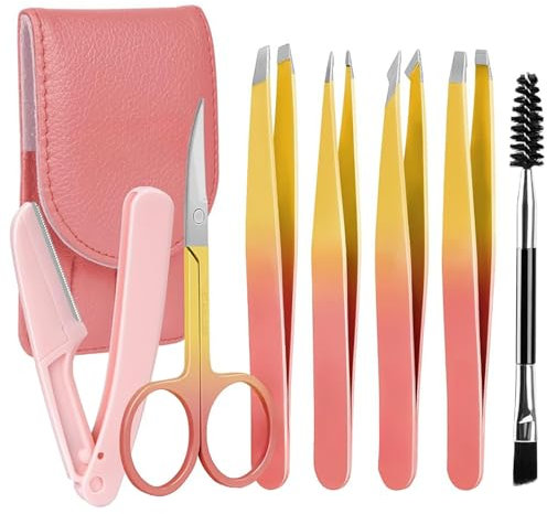 Pinzetta per Sopracciglia Professionale (7 Pezzi), Set di pinzette di precisione, Con Forbici, Rasoio, con custodia in pelle, Per donna e uomo per viso, sopracciglia, Rosa