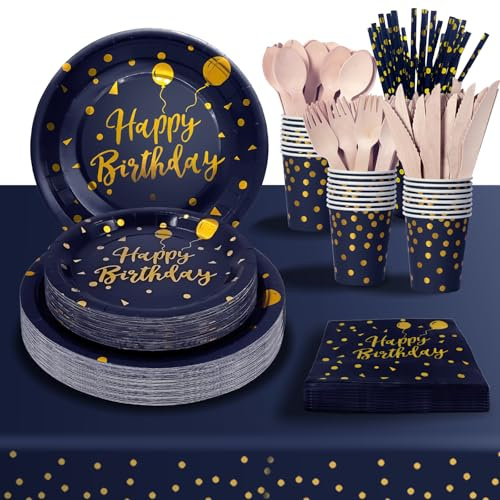 PYAILI Cumpleaños Vajilla de Fiesta,193 Pcs Oro Azul Oscuro Vajilla Set Platos Fiesta Tazas Servilletas Cuchillos Tenedores Cuchara y Mantel, para todo tipo de Fiestas Temáticas -24 invitados