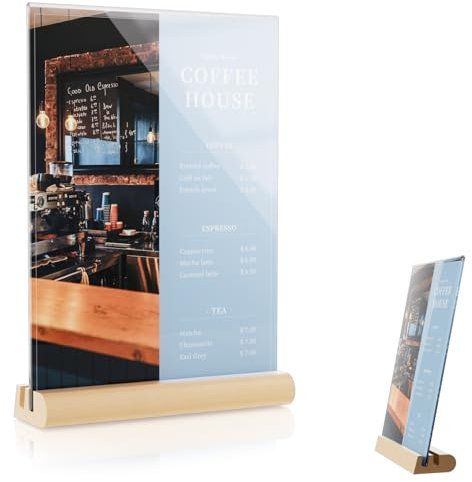Zephyra Porta Menu da Tavolo A5 in Acrilico,Supporti Menù A5 in Legno,Porta Menu in Acrilico Trasparente con Base in Legno,Forma di L/T,Espositore da Tavolo per Menu Bar Ristorante Negozio Matrimonio