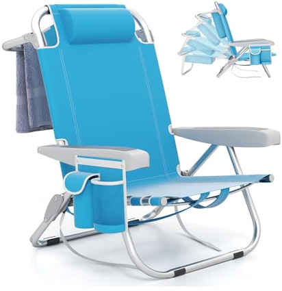 GOPLUS Silla Playa Plegable, Silla de Camping Ligera con Respaldo Ajustable en 5 Posiciones, Barra para Toallas, Portavasos, Almohada, Correas, Tumbona Exterior Reclinable, Carga 150 kg (Azul,1)