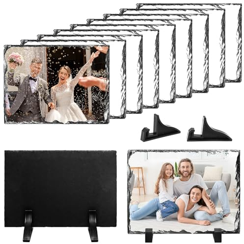 Mdtrade 10 Pcs Sublimation Slate Blanks,Heat Thermal Transfer Stone Slate Picture Frame with Display Stand DIY Sublimation Rock Photo Plaque for Desktop Souvenir Birthday Wedding(6 x 8)