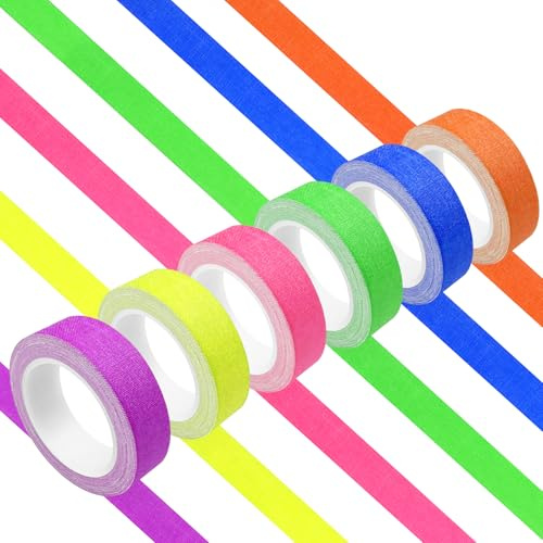 Gratuipolmep 6 Rollos Cinta Adhesiva Fluorescente, Cinta Luminosa, Neón Gaffer Tape 5 m x 1,5 cm, 6 Colores Cintas de Tela Fluorescente Luz Negra, para Fiesta Neon, Cumpleaños, Halloween