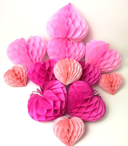 YLY's love Herzförmige Papier Wabenball Dekoration 12er Honeycomb Balls zum Aufhängen Seidenpapier schöne Dekor für Geburtstag Hochzeitsfest Babyshower Party Brautduschen (Pink Set)