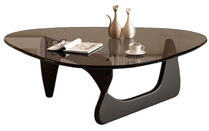 Table basse ovale moderne en verre, plateau en verre trempé de 114 cm, base en bois massif, hauteur 40 cm, (verre couleur thé + pieds en bois massif couleur noyer, taille moyenne, verre couleur thé +