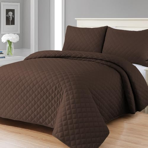 MIA we dress your home Luxury Quilted Bedspreads Double Size - 3 Piece Chocolate Embossed Bed Cover 220x250 Comforter Throw Ultra Soft Coverlet All Seasons