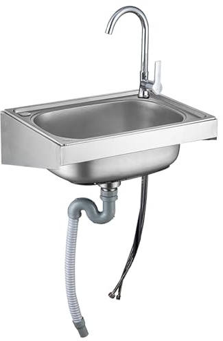 Lavandino lavamani commerciale, lavello in acciaio inox da parete, con rubinetti per acqua calda e fredda e tubo di scarico interamente in acciaio, per bar/caffetteria/ristorante/cucina/hotel (43x38