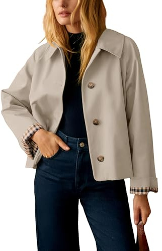 Dqbeng Womens Cropped Trench Coat Classic Collar Oversized Casual Jackets with Checkered Lining, Light Beige, XS