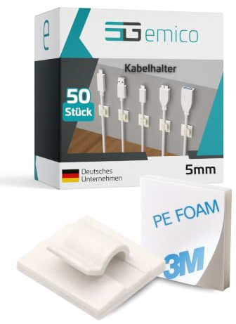 emico Kabelhalter - für Kabel bis 5 mm Durchmesser - 50 Stück Natur - Kabelclips aus hochwertigem PA 6.6 - Selbstklebend & RoHS-konform - Ideal für Kabel, Drähte & Lichterketten
