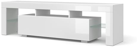 Mueble bajo para TV de 160 cm, color blanco mate/blanco brillante, moderno mueble de salón con espacio de almacenamiento, frentes de tablero de fibra de densidad media, barra de cristal (blanco mate