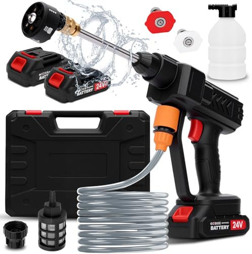Idropulitrice Portatile a Batteria, Idropulitrice a Batteria con 6 in 1 Ugello, Tubo da 5M, Serbatoio in Schiuma, Adatto per la Pulizia di Auto, Pavimenti