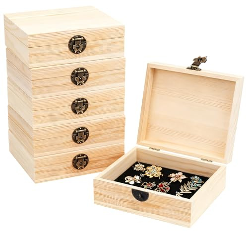 6er Pack Naturbelassene Kleine Holzkiste, Holzbox mit Deckel Kasten, 15 x 10 x 5cm, Holz Schatzkiste mit Scharnieren und Schloss, Holztruhen für Schmuckkästchen Selber Gestalten, Basteln & Hobbys