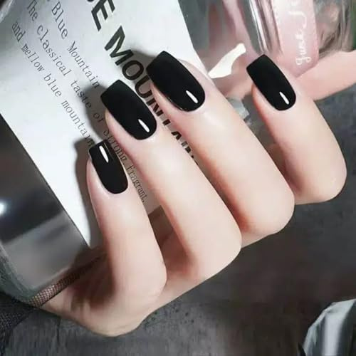 Xonojun 24 Pcs Faux Ongles Noirs Longs Medium Carré avec Colle, Ongles Artificiels Manucure French Noirs Solides à Application Facile, Press-on Nails Noir Intense, Cadeau Beauté Idéal pour Femmes