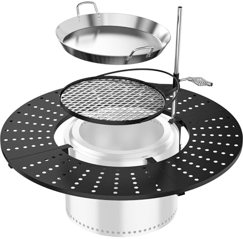 onlyfire Mesa de Barbacoa Multifuncional para Solo Stove Bonfire 49,5cm, con Parrilla Giratoria y Paellera, Regulable en Altura y Giratorio en 360°, Tablero Redondo Hoguera para Bebidas y Comida