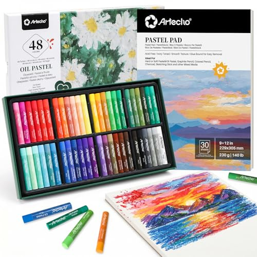 Artecho Lot de 48 pastels à l'huile avec bloc de papier pastel, pastels pour art, peinture, dessin, mélange, fournitures artistiques pour artistes, débutants, étudiants, enseignants (10 x 70 mm)