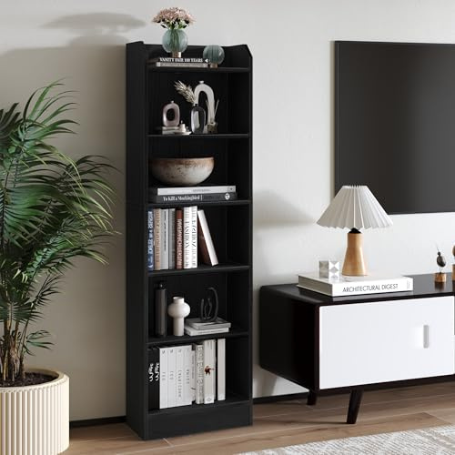 Hzuaneri Bücherregal Standregal, 6-stöckiges, 24 x 48 x 169,5 cm, Schwarz | Buch Regal, hölzernes Standregal, für Schlafzimmer Wohnzimmer Arbeitszimmer 02904XBC