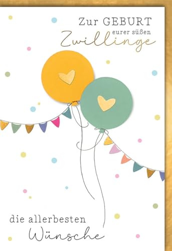 Geburtskarte für Eltern - Zwillinge - Bunte Luftballons mit Herzen und fröhlichen Girlanden - Klappkarte mit Umschlag Glückwunschkarte Geburt