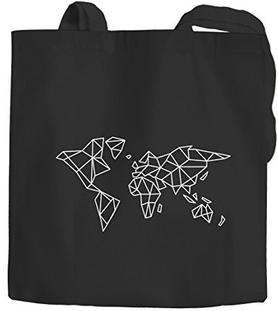 Jutebeutel Weltkarte World Map Low Polygon Baumwolltasche Stoffbeutel Einkaufstasche Autiga® schwarz 2 lange Henkel