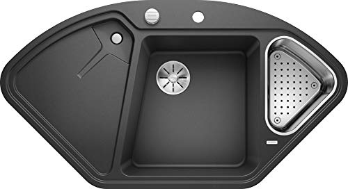 BLANCO delta II 523656 Cuvette d’évier D’Angle en SILGRANIT PuraDur, Anthracite-Noir/avec Écoulement InFino, avec Bac en Inox et Commande de Vidage automatique, Sous-Meuble de 90 cm