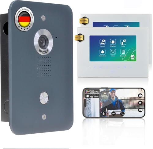 MATHFEL Video Türsprechanlage mit Kamera, 2X 7 Zoll Monitor, Türklingel mit Kamera und Türöffner, 4-Draht-Technologie - Sprechanlage mit Türöffner, Gegensprechanlage, WLAN Türklingel mit Kamera