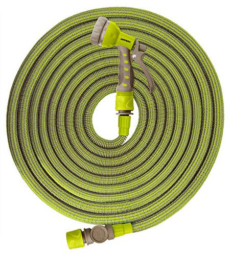 Jardibric – Juego de mangueras extensibles y retráctiles – Uso intensivo – Longitud de 10 a 30 m – Práctica para riego e riego, conexión articulada de 180 ° – Caja de almacenamiento de pistola 7