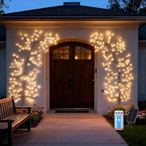 Solar Willow Vine Lights Outdoor: 7.8ft 144LEDs Waterproof Fairy String Lights with Remote & Timer, No Wiring Needed for Garden, Fence, Wall, Christmas Decor, Party, Patio