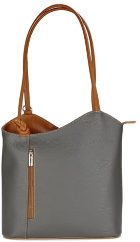 Belli italienische Ledertasche Backpack Classic 2in1 Damen Rucksack Leder Handtasche made in italy Schultertasche - 28x28x8 cm (B x H x T) (Dunkelgrau Cognac)