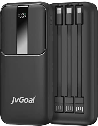 JvGoal 10000mAh Power Bank, 22.5W Charge Rapide PD QC 3.0, Chargeur Portable USB C avec Câbles Intégrés, 3 Sorties 2 Entrées, Batterie Externe avec Affichage LCD pour Smartphone, Tablette, etc.