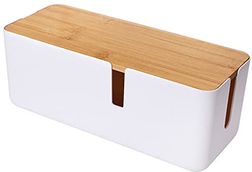Changsuo piccola scatola di gestione dei cavi con coperchio in bambù per cavo di prolunga, striscia di alimentazione, protettore di sovratensione, organizzatore, coperchio (bianco)